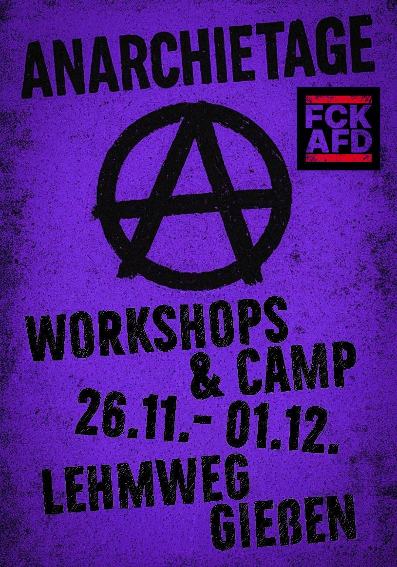 Logo Anarchietage Gießen
Workshops & Camp 26.11.-01.12.
Lehmweg Gießen